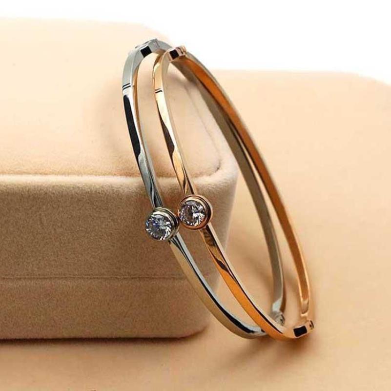 Bangle estilo coreano simples único diamante pulseira titânio aço galvanizado 18k rosa ouro casal bracelet298i