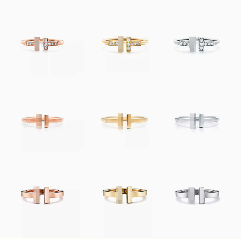 Designer Brand High version s925 sterling silver classic double T gold-plated diamond set minimalist style celebrity ring versatile and With logo