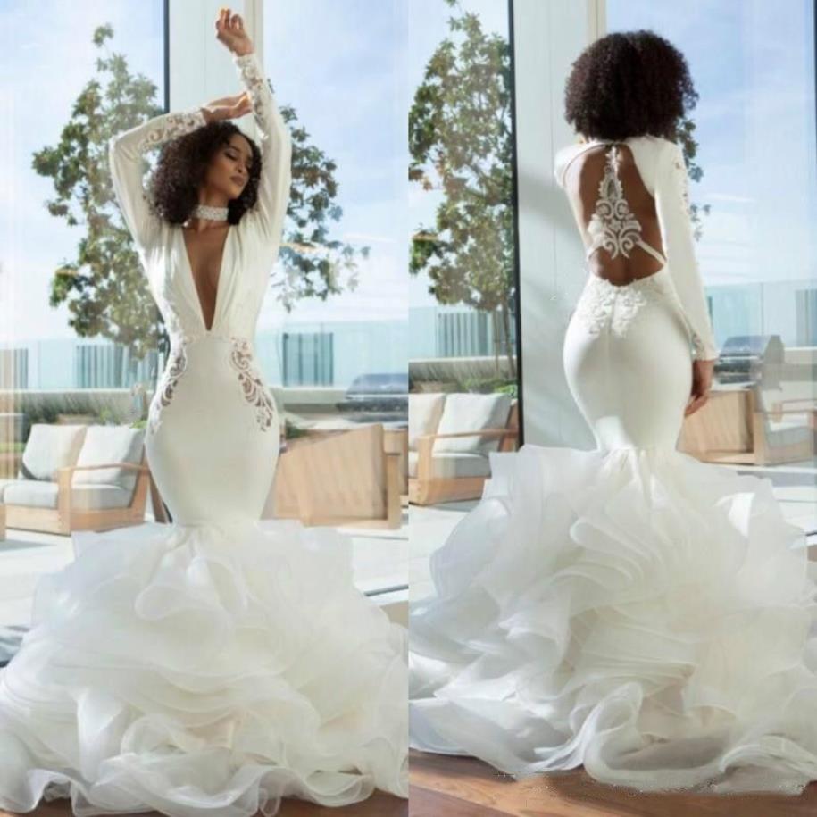 Sexy Open Back Mermaid Wedding Dresses Turkey 2022 Tiered Tiers Lace Ruffles Deep V Neck Long Sleeves Bridal Gowns African Puffy F305v
