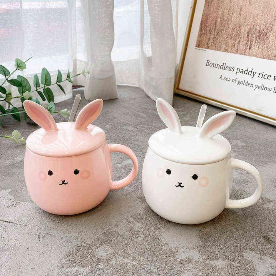 Lapin de dessin animé avec couvercle cuillère tasse en céramique café petit déjeuner tasse tasse mignon étudiant Couple tasse avec couvercle et cuillère G11262841