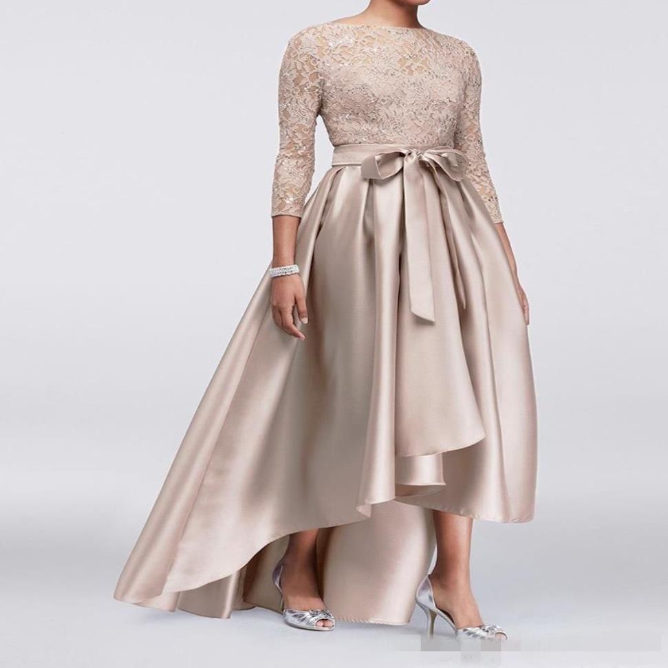 2020 Champagne plus size aftonklänningar Hög låg bateau halsringning 3 4 långa ärmar paljetter spets elastisk satin sash prom ball gown268y