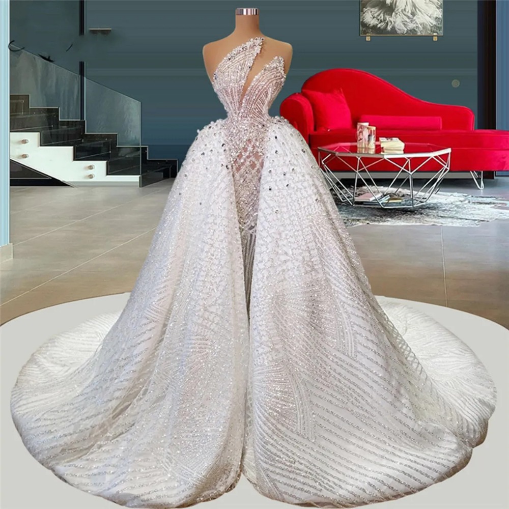 Superbe robe de mariée sirène de mariage exquise avec train détachable perles cristal robe de mariée paillettes robes de Dubaï sur mesure