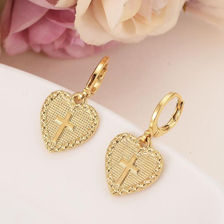 Heart cross Jewelry sets Classical Necklaces Earrings Set 14 K Yellow Solid Gold GF Africa Wedding Bride's Dowry237r