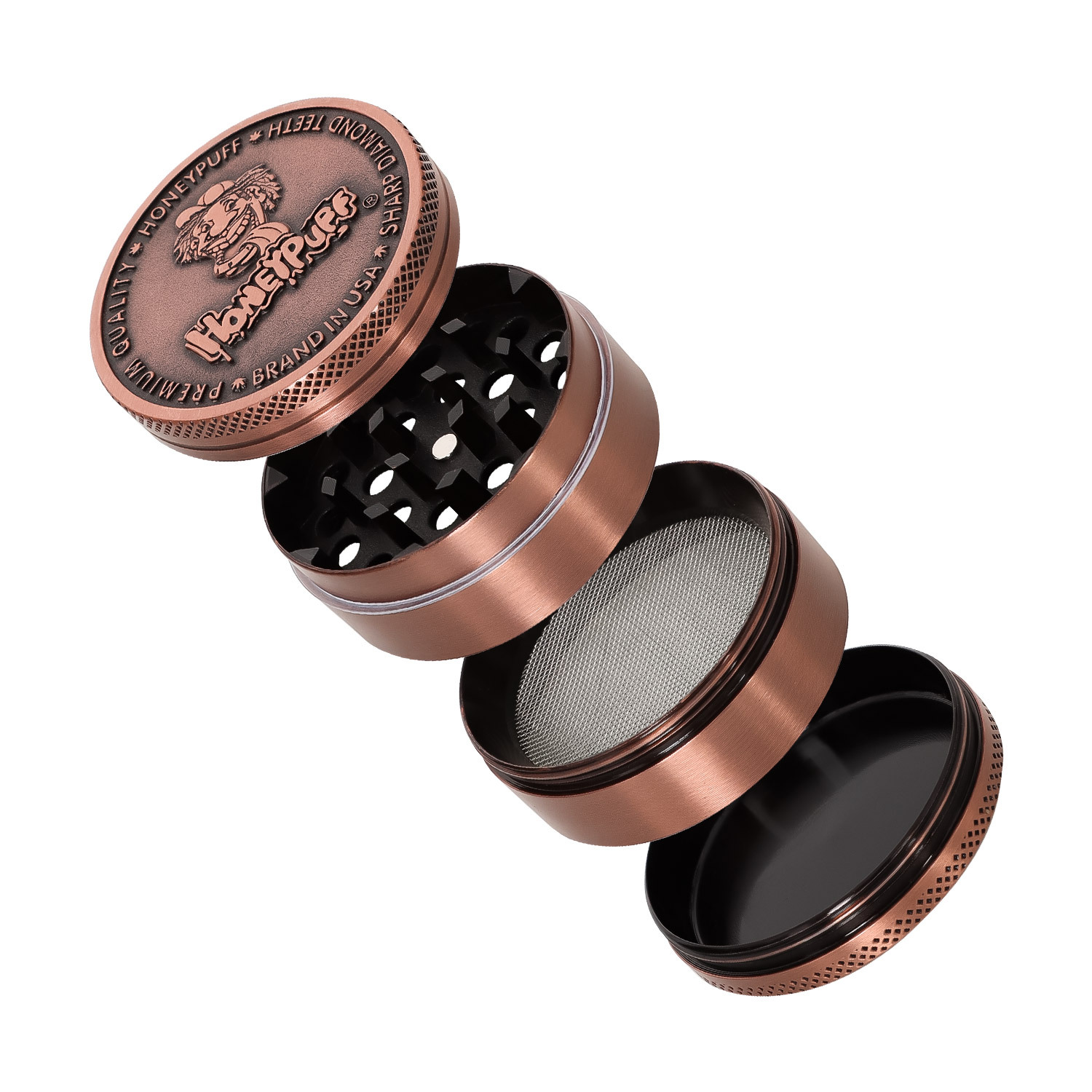 Nuovi stili HONEYPUFF inciso in lega di zinco fumatori Herb Grinder 50MM 4 pezzi metallo tabacco smerigliatrici Cruhser fumo mano tubi accessori con scatola di visualizzazione