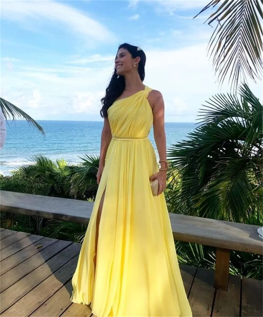 Vintage longo amarelo vestidos de noite um ombro chiffon sem mangas com fenda uma linha até o chão feito sob encomenda para vestidos de festa femininos