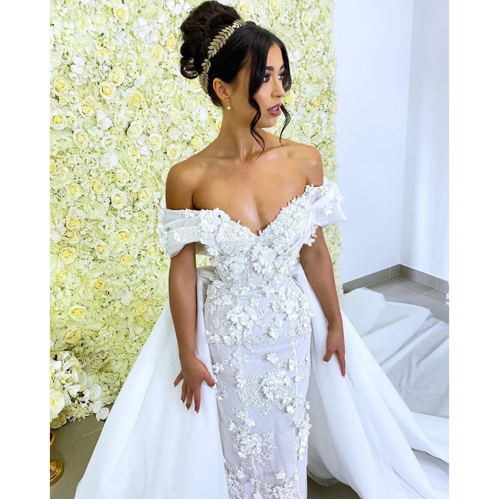 TOUNNINGBRIDE 2024 UTGÅNG ANSÖKNING Applique Mermaid Wedding Dresses Off Shoulder Löstagbart tåg Bridal 3D Floralgowns Custom Made Formal Dress