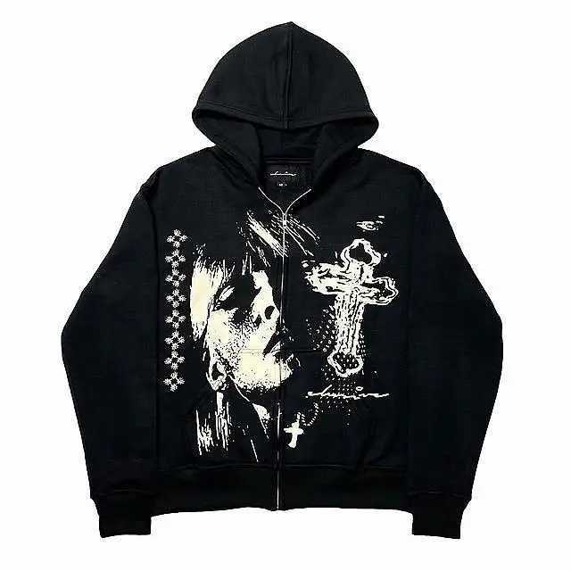 Erkek Hoodies Sweatshirtler Yeni Siyah Gevşek Zipper Hoodie Erkek Amerikan Çapraz Kafa Baskı Sokak Harajuku Büyük boy sweatshirt y2k punk Japon Çift Ceket J240126