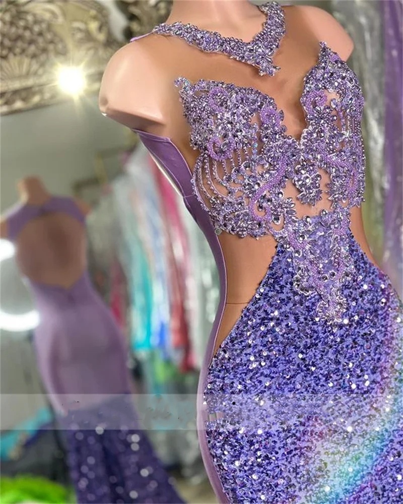 New Lilac Sequins Diamonds Mermaid Prom Dresses 2024 For Black Girls Bead Crystal Rhinestones Gown Birthday Party Gowns