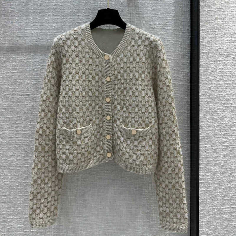 Women's Knits & Tees designer French Elegant Girls Versatile Heavy Industry Gold Thread Checkered Long sleeved Knitted Cardigan Top for Outwear SVM2