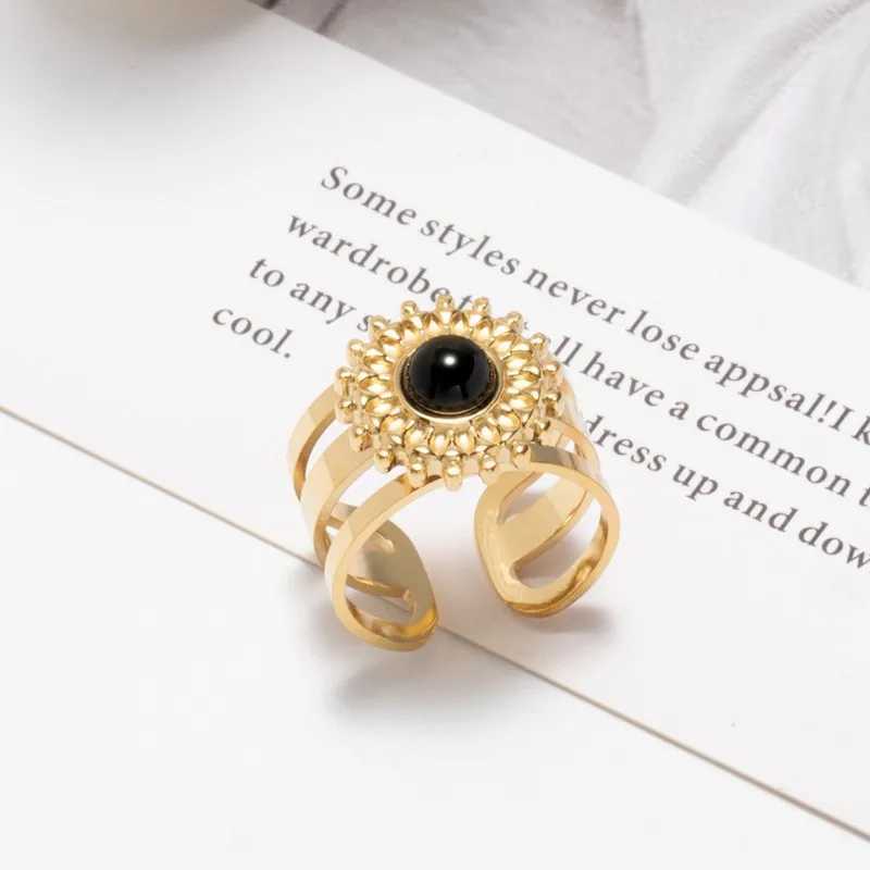 Pierścienie zespołu punkowy czarny kamień okrągły palec palec palec złoto kolor stal nierdzewnych Otwarte pierścionki dla kobiet prezenty czeskie biżuteria vintage 240125