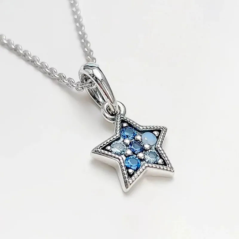 T GG Fashion 925 Sterling Silver Sky Blue Starfish Pendant Halsband Diamond Bright Star Chain Artikel Original Boxade män och kvinnor Par Set gåva