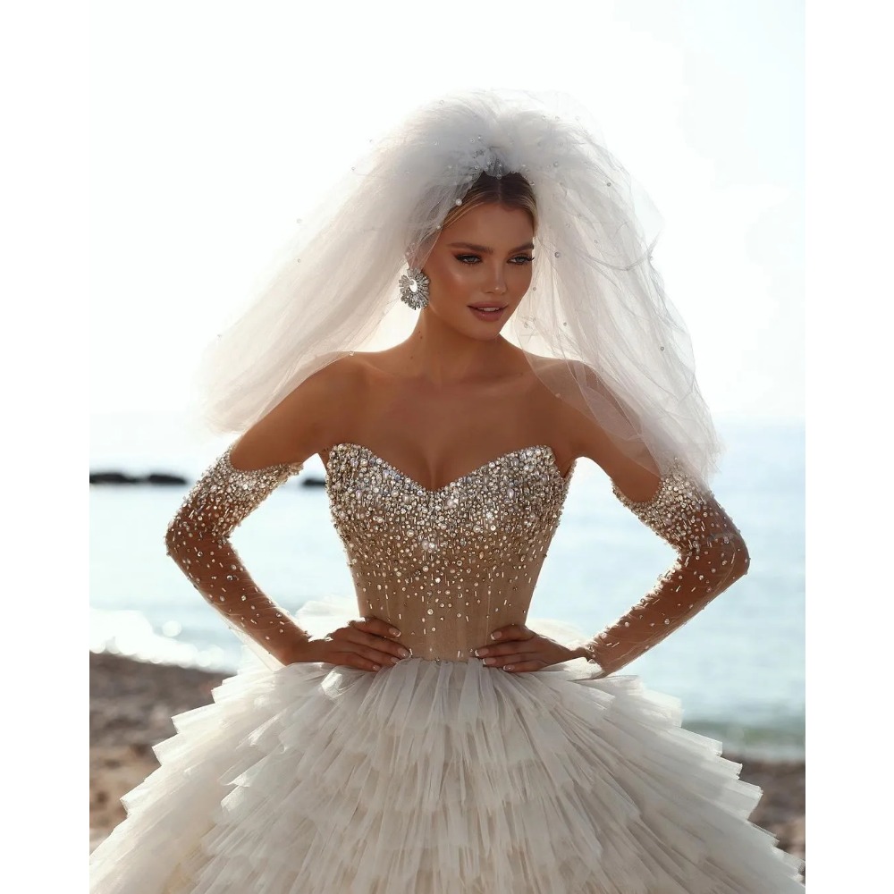 Beautifulbride 2024 Elegante Ruches Trouwjurken Baljurk Luxe Kristal Lovertjes Kant Gelaagd Gezwollen vestido de noiva Op maat gemaakte bruidsjurk