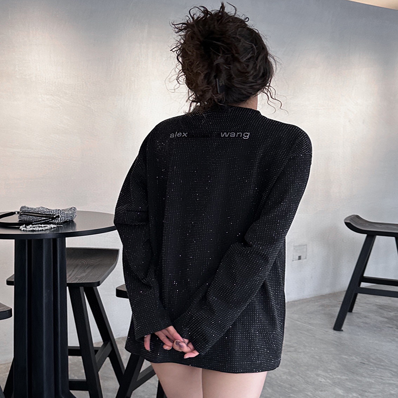 デザイナーの女性用Tシャツ文字ロゴラインストーン装飾綿生地ソフトコンフォートファッショングリッター長袖トップ