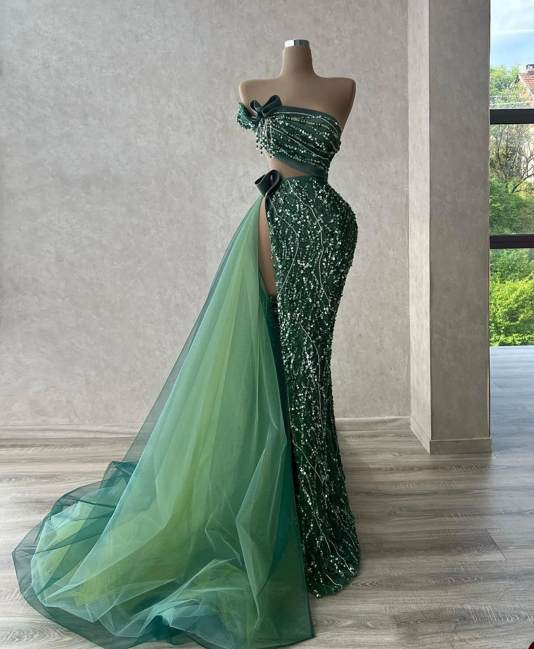 Fashion Women Mermaid Evening Dresses Strapless Sleeveless Prom Gowns Beads Crystal Two Pieces Dress For Party Custom Made Robe De Soiree