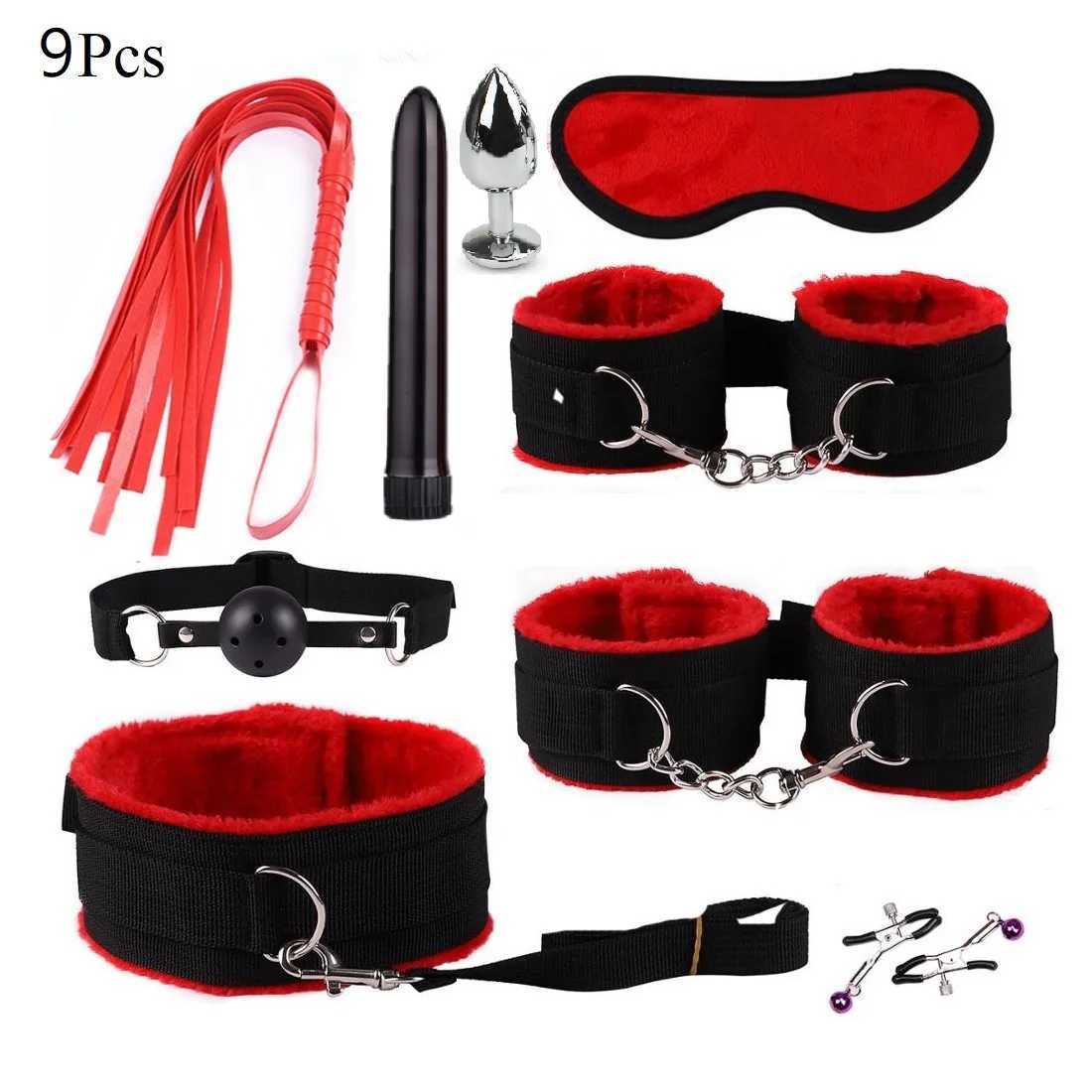 Giocattoli adulti Prodotti del sesso esotici in nylon adulti Giochi Bondage Gear Kit BDSM Manette Giocattoli del sesso Frusta Gag Spina coda Accessori del sesso le donne