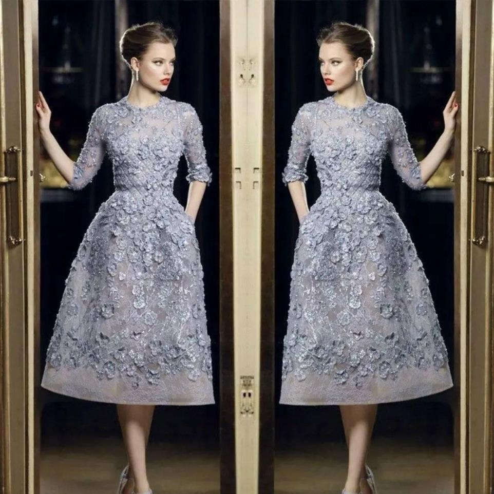 Elie Saab Short Prom Dresses spets knälängdsapplikationer Halva ärmar Kvällsklänning Formell festklänningar2124