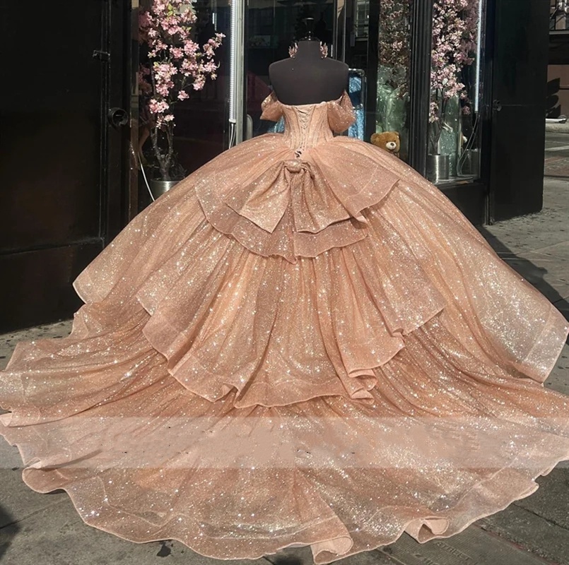 Glitter Rose Gold Princess Quinceanera Dress Bow Off Shoulder Crystals Beads Shiny Cinderella Sweet 16 Dress Vestidos De 15 Anos