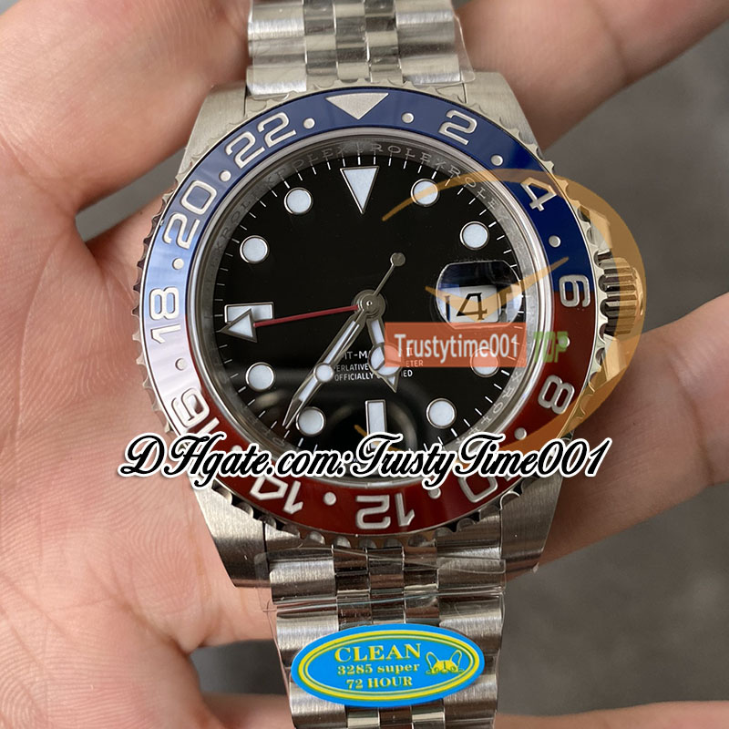 Clean V2 GMT II 126710 DD3285 Automatyczna męska zegarek CF Pepsi Red Blue Bezel Black Dial 904L SS Jubileestel Bransoletka Super Edition Trustime001