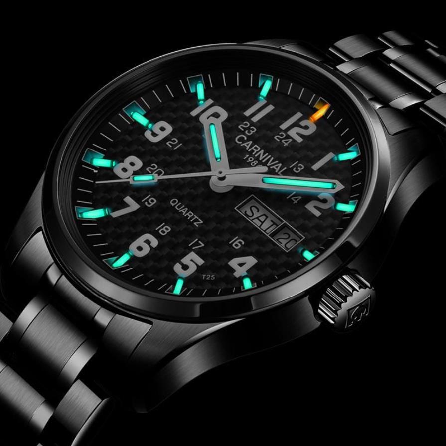 Armbandsur Carnival Top Quartz Watch Men T25 Tritium Luminous Mens Black Full Steel Waterproof Watches Relojes Will22218C