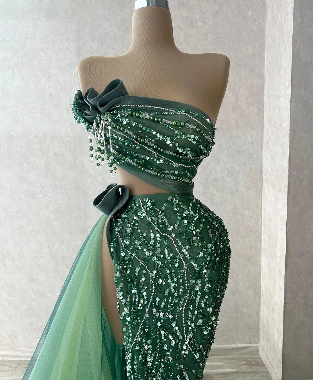 Fashion Women Mermaid Evening Dresses Strapless Sleeveless Prom Gowns Beads Crystal Two Pieces Dress For Party Custom Made Robe De Soiree