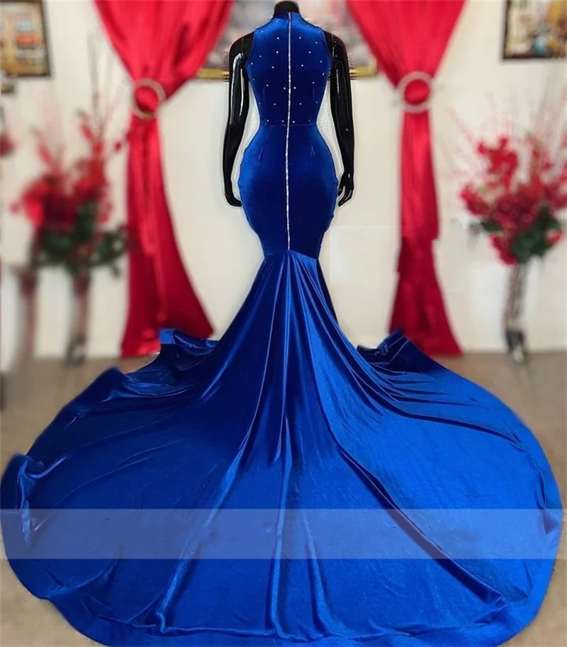 New Arrival 2024 Royal Blue Long Prom Dresses For Black Girls Beaded Diamonds Rhinestones Side Slit Birthday Party Dress