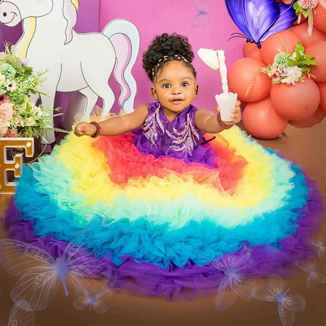 Rainbow Colorful Flower Girl Dresses Tiered Tulle Ball Gowns Flowergirl Dress Princess Queen Rehinestones Appliqued Lace Birthday Party Dress Gowns for Kids NF088