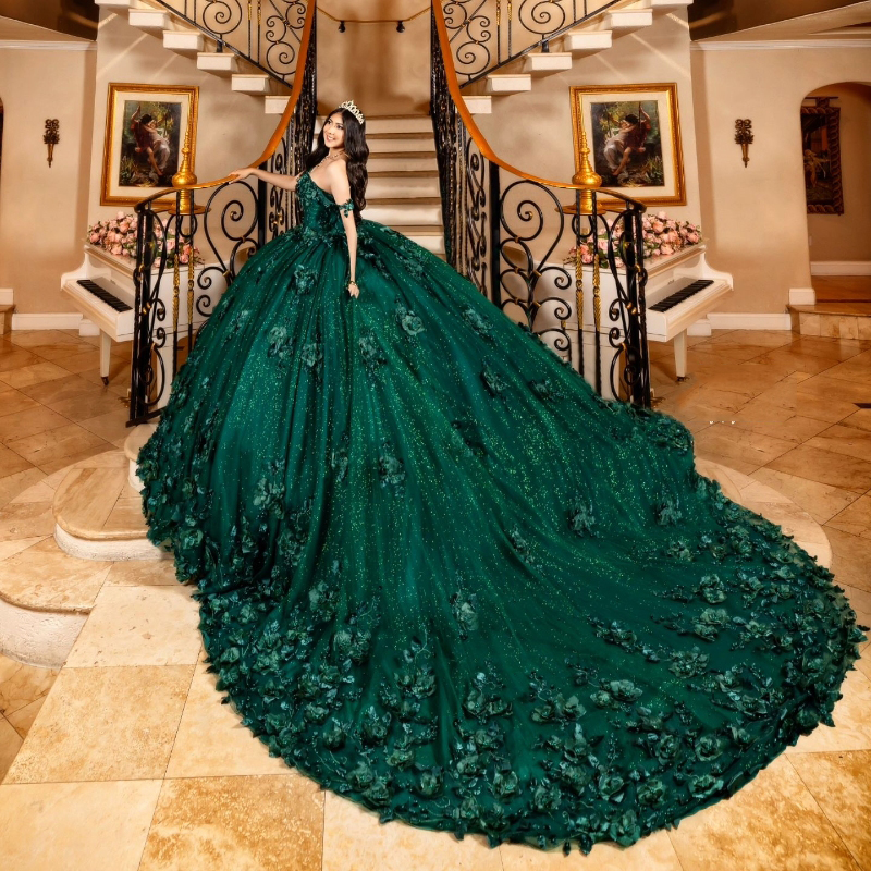 Emerald Green 3D Flowers Beads Tulle Quinceanera Dresses Ball Gown Dress Off The Shoulder Birthday Gowns Lace Up Sweet 15 16 Dresses