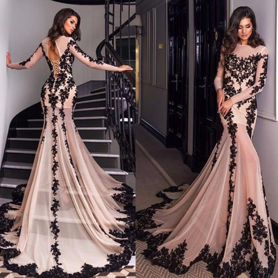 Vestidos de noche de sirena rosa y negro 2022 Mangas largas Tren de la corte Apliques de encaje Cuello transparente sexy Con cordones en la espalda Formal Prom Eveni2480