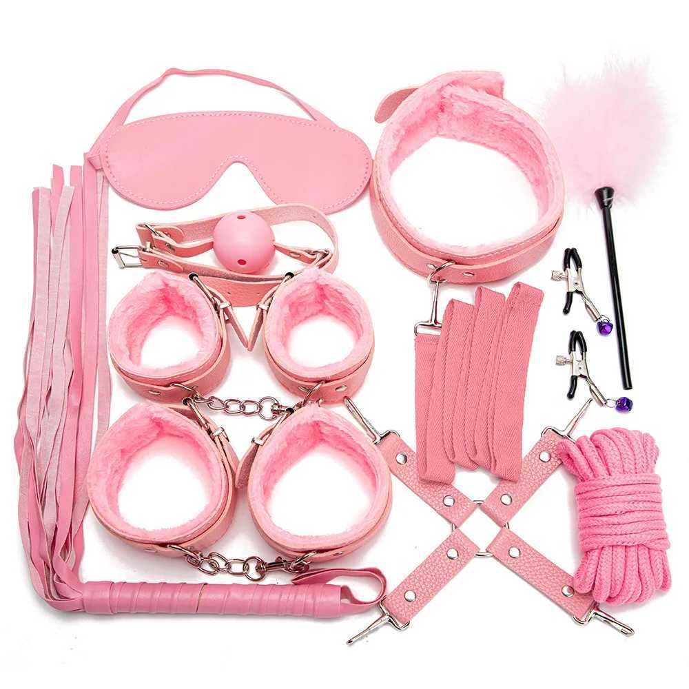 Vuxna leksaker sexiga läder kit plysch sex bondage set handbojor sex spel piska gagnippelklämmor sexleksaker för par exotiska tillbehör