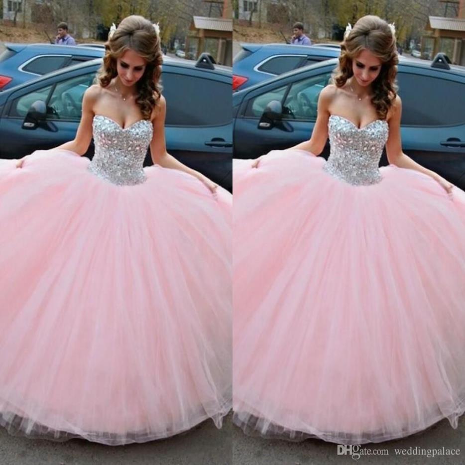 Beaded 15 Quinceanera Dresses Sweetheart Ball Gown Pink Dresses For Prom Sparkle Crystals Sweet 16 Dresses S A Line Birthday Prom 305x