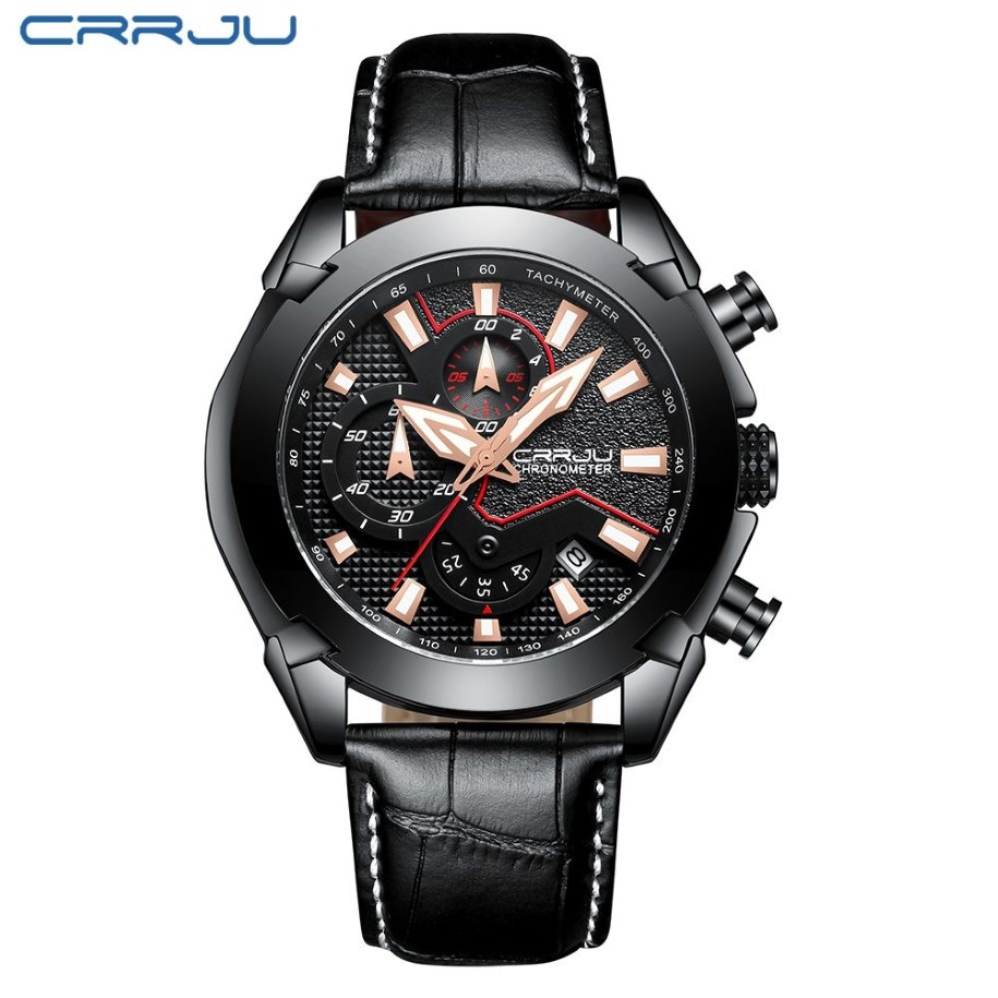 Crrju Mens Chronograph Quartz Watch Men Luxury Date Luminous Waterproof Watches Leath Strap Dress Wristswatch Erkek Kol SA283V