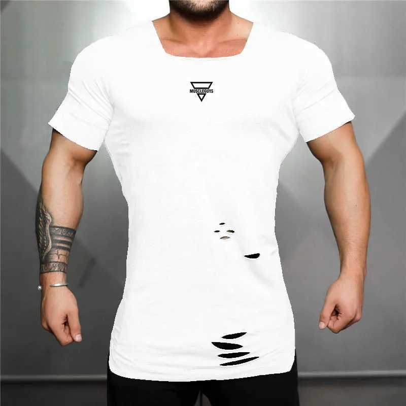 T-shirts pour hommes Coton Col carré Hommes T-shirt de course Gym Bodybuilding Fitness Vêtements d'entraînement Rétro Trou Slim Fit Chemise d'été respirante