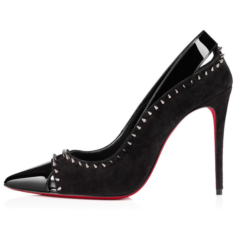イタリアのデザイン女性デュベットストラススパイクスポンプシューズスエードパテントレザーブラックヌードピープトウハイヒールレディーコンフォートウォーキングエレガントな靴