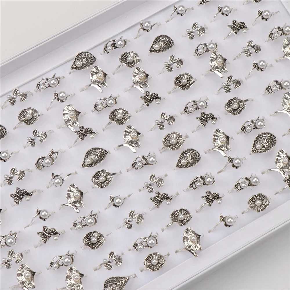 Anneaux de bande 10 piècesVintage fleurs perle argent plaqué anneaux pour femmes mélange Style mode bijoux de mariage cadeaux de fête 240125