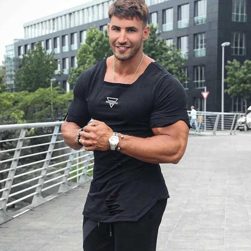 Men's T-Shirts Cotton Square Collar Mens Running T-Shirt Gym Bodybuilding Fitness Training Clothing Retro Hole Slim Fit Breathable Summer Shirt