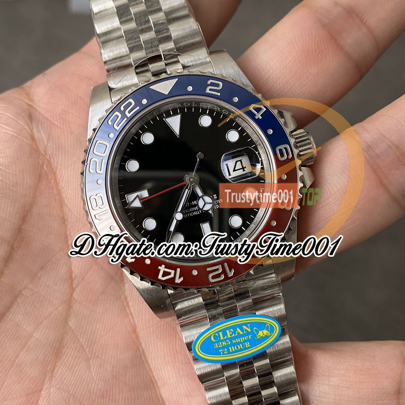 Clean V2 GMT II 126710 DD3285 Automatyczna męska zegarek CF Pepsi Red Blue Bezel Black Dial 904L SS Jubileestel Bransoletka Super Edition Trustime001