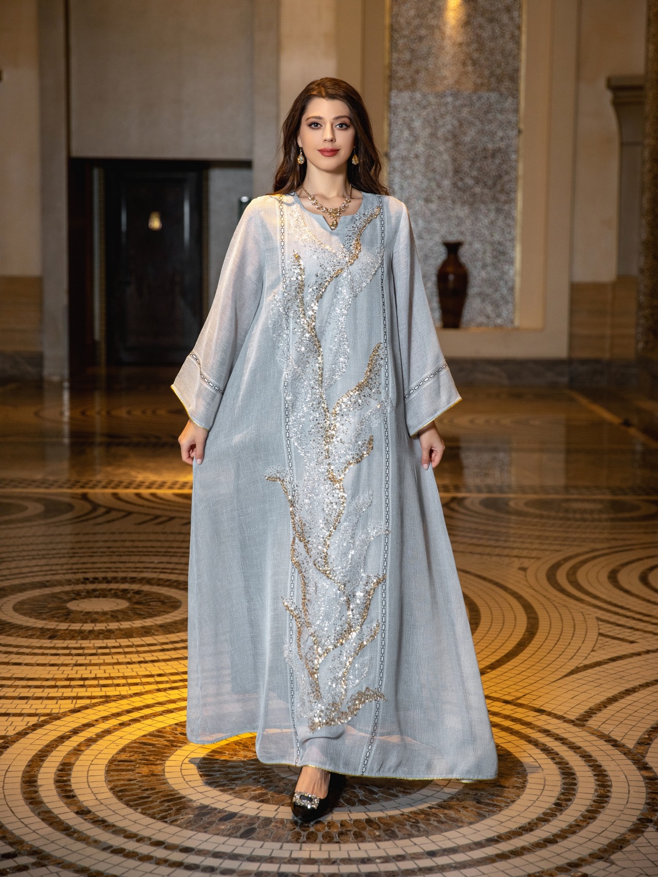 Vestido longo turco lindo vestido de festa muslumah bordado lantejoulas mangas completas dubai árabe robe muçulmano abaya roupas do oriente médio kaftan