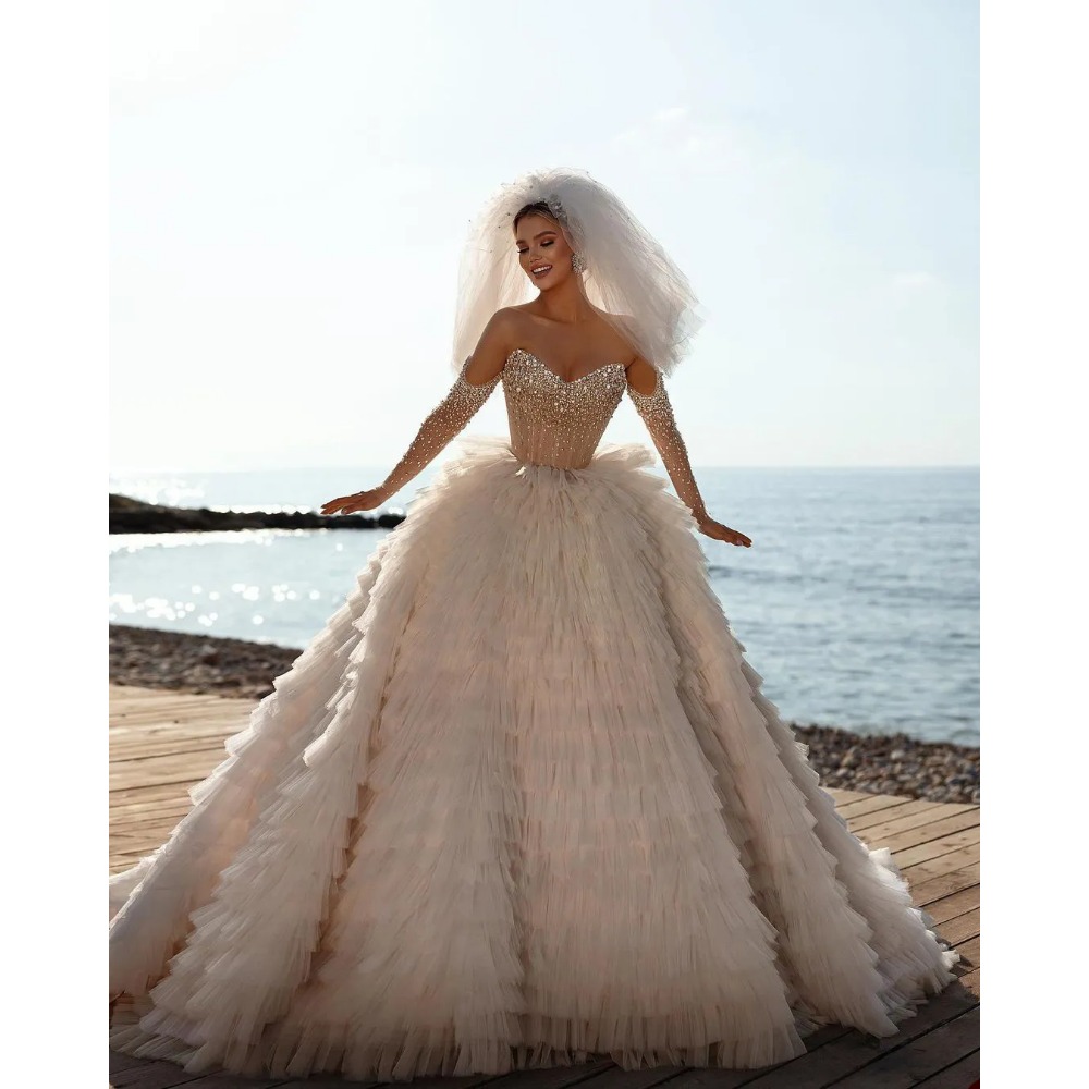 Beautifulbride 2024 Elegante Ruches Trouwjurken Baljurk Luxe Kristal Lovertjes Kant Gelaagd Gezwollen vestido de noiva Op maat gemaakte bruidsjurk