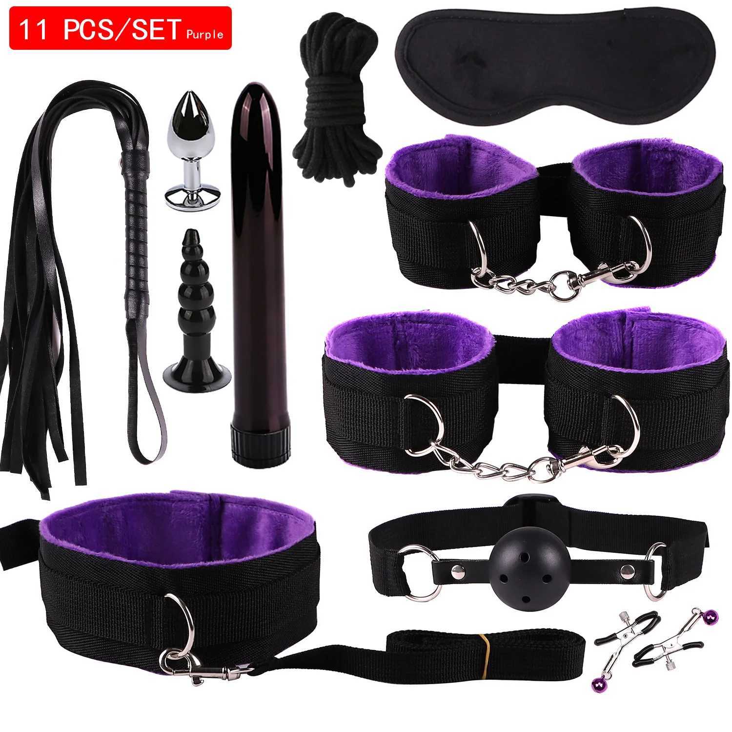 Brinquedos adultos 11/10 pçs bdsm bondage kit com algema anal bala vibrador chicote para homens mulheres fetiche escravo adultos jogos brinquedos sexuais