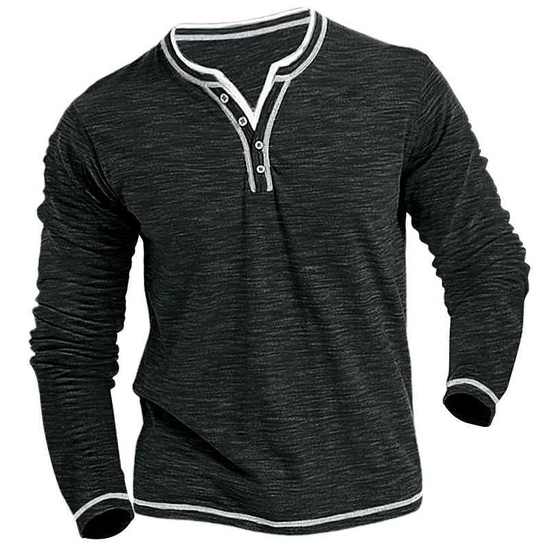 Męskie koszulki męska zwykła koszulka Henley za okrągła szyjka T-shirt Summer Wygodna bawełniana moda na długie rękawy Casual Street Wear sport