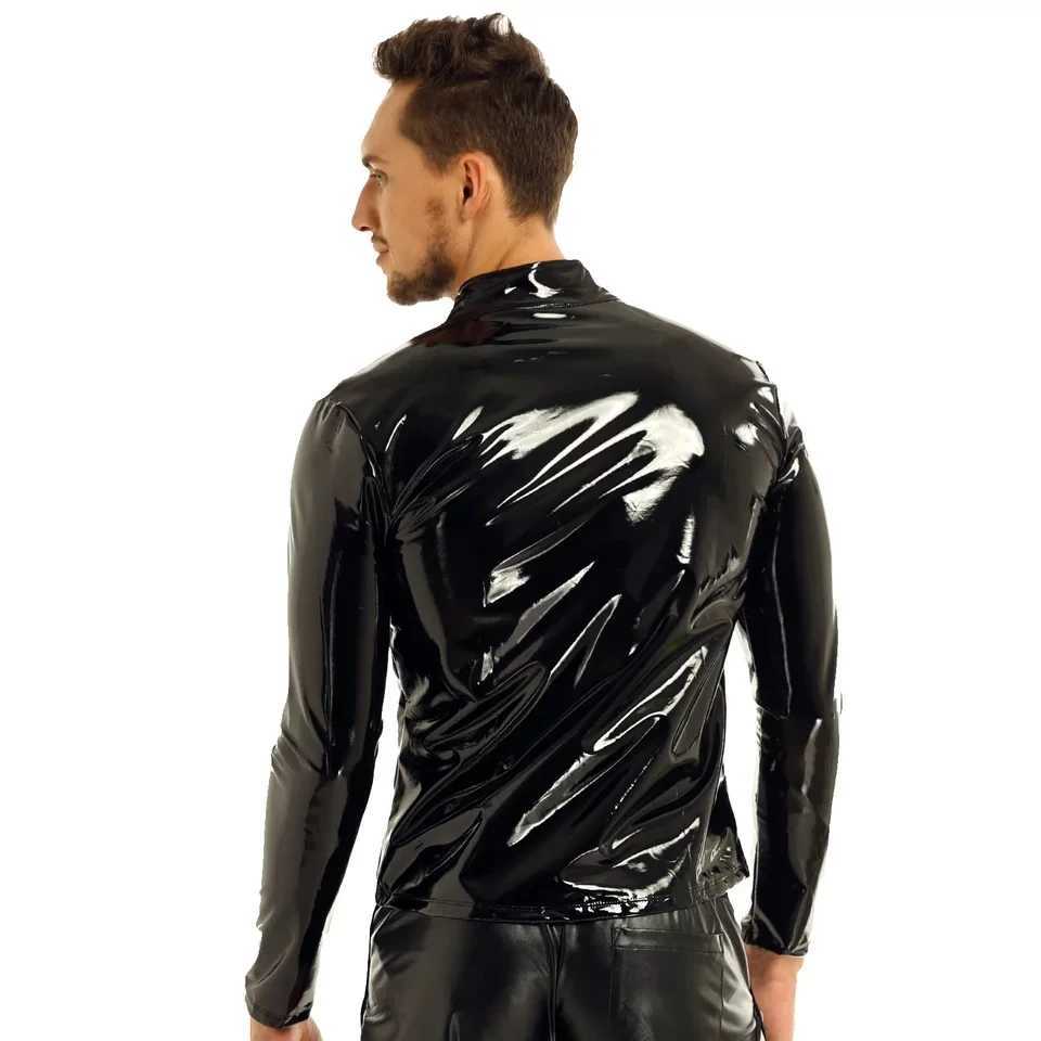 Sexy Set Mens Sexy Shiny Wetlook Leather Shirt Erotic Shaping Sheath Latex Casual Coat Male Glossy Metallic PVC Leather Jacket Tops Sexi