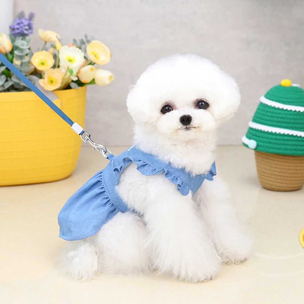 Dog Apparel Small Dog Dress With D-Ring Denim Dog Skirt Soft Tractable Jean Dress for Female Dog Apparel Doggie Sundress Pet Clothes