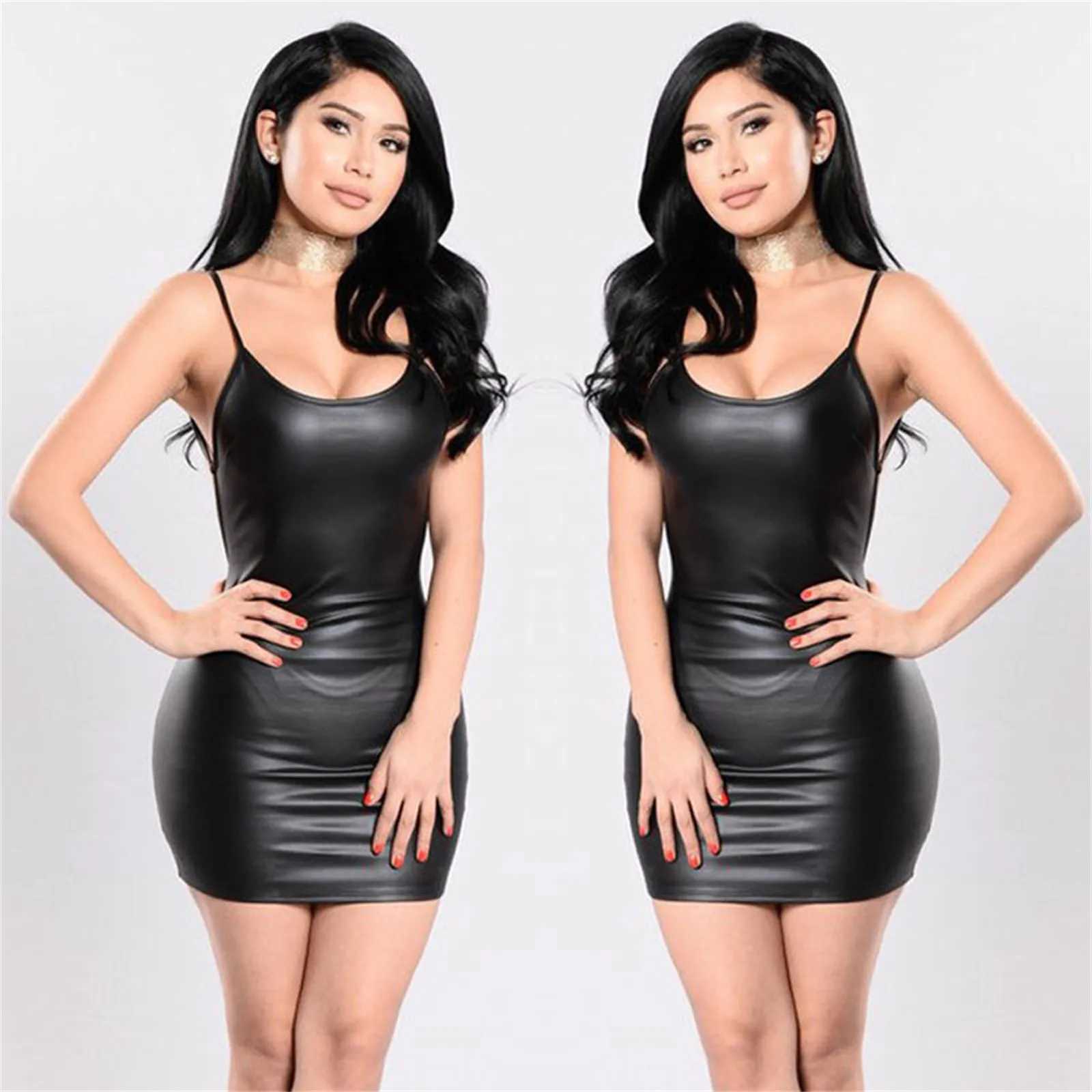 Robes d'ensemble sexy pour femmes 2024 Sexy Faux Cuir Solide Noir Dos Nu Sangle Latex Moulante Mini Robes D'été Push Up Club Robes De Soirée