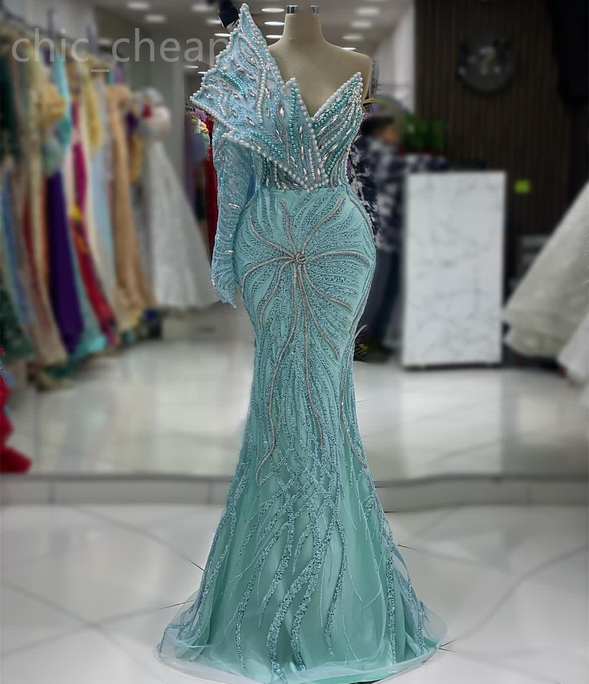 2024 Aso Ebi Sky Blue Mermaid Prom Dress Beaded Crystals One Shoulder Evening Formal Party Second Reception Birthday Engagement Gowns Dresses Robe De Soiree ZJ80