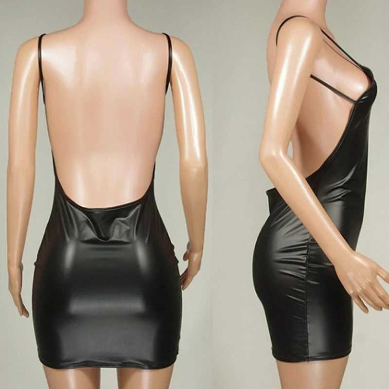 Sexy Set Heißer Verkauf Sexy Kunstlederkleid Rückenfrei Club Party Kurzes Kleid Solid Black Wet Look Latex Bodycon Push Up BH Mini Micro Kleid