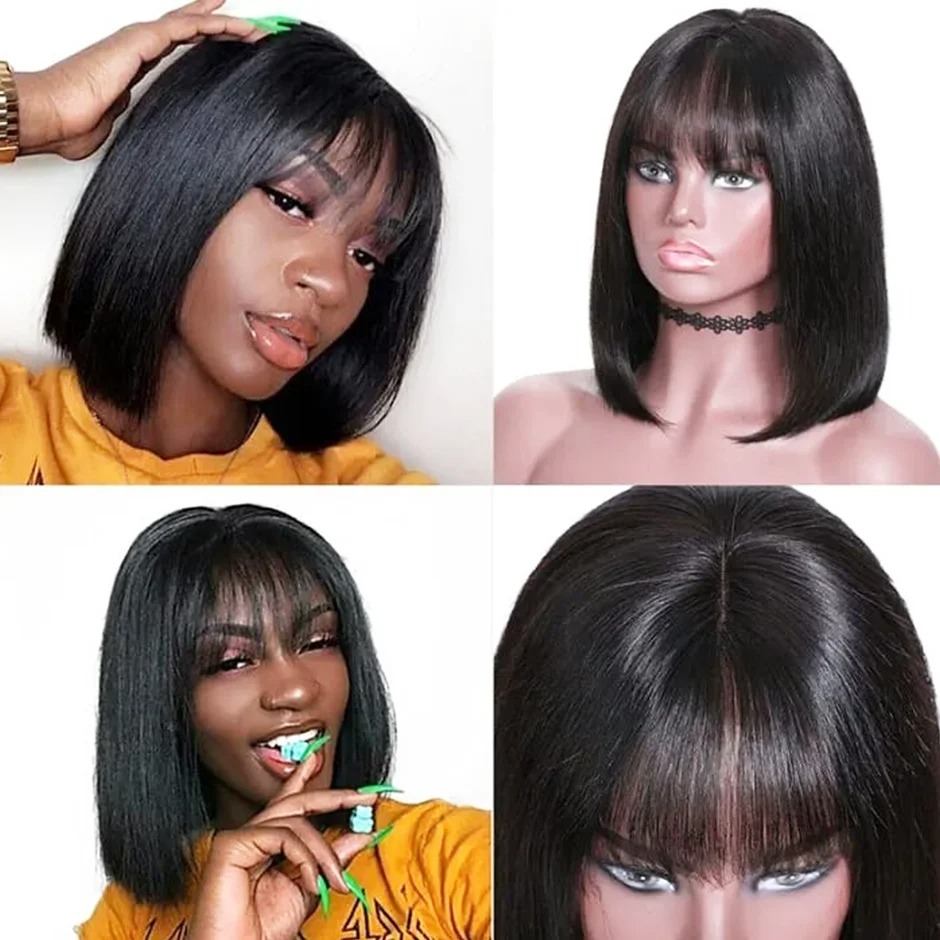 250% Bob Wigs with Bangs Human Hair Cheap Peruvian Bang Wigs for Black Women Full Machine Blunt Cut Human Hair Short Bob Wigs