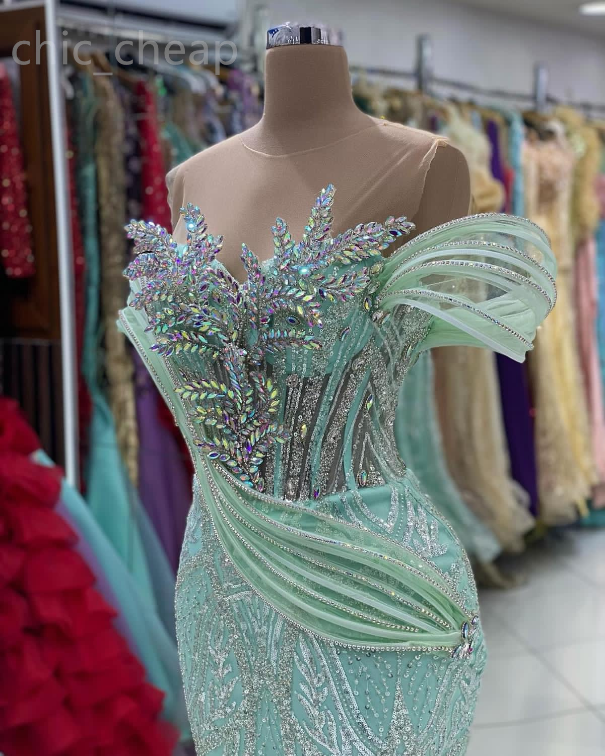 2024 Aso Ebi menta sirena abito da ballo con perline cristalli paillettes pizzo da sera festa formale secondo ricevimento compleanno abiti di fidanzamento abiti Robe De Soiree ZJ78