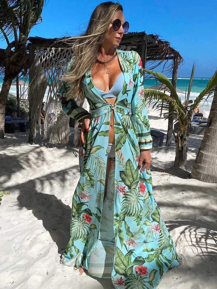 Robes décontractées de base 2023 Femmes imprimées Haut à col en V profond Robe de plage d'été Sexy et élégante Ceinture d'été pour femmes Robe de plage décontractée J240130