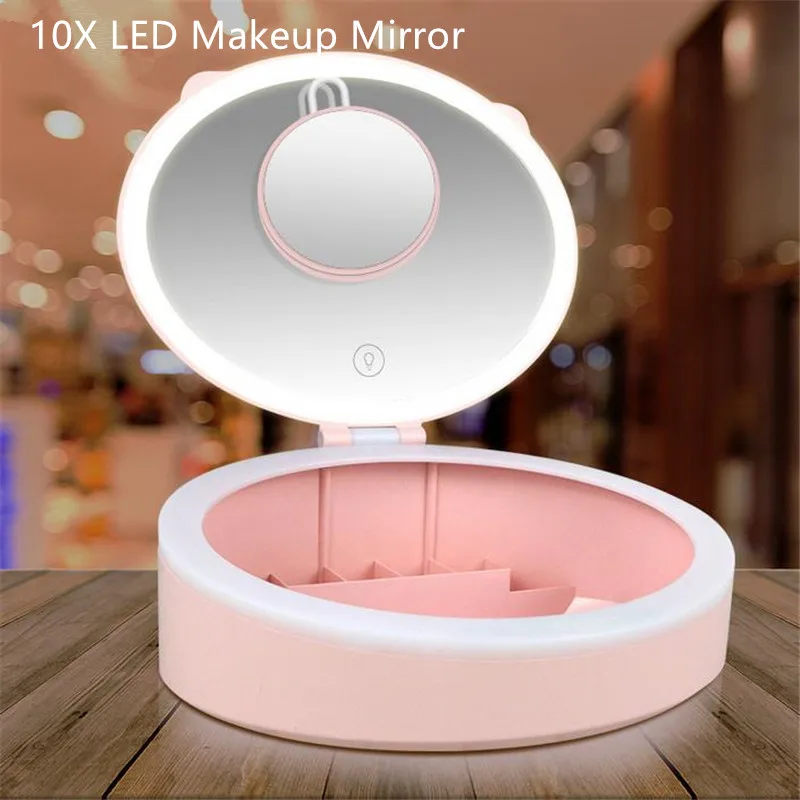 Specchi Portatili 2 in 1 10x Ingrandisci Specchio trucco a LED con luce Scatola portaoggetti da donna Lampada trucco Specchi cosmetici da tavolo camera da letto 20#