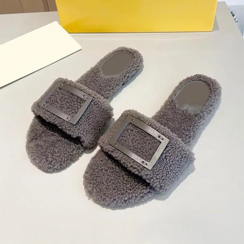 2024 Autumn Fur Integrated Flat Bottom Slippers for Women's Outdoor Metal Decoration Versatile Comfortable Soft Casual Shoes